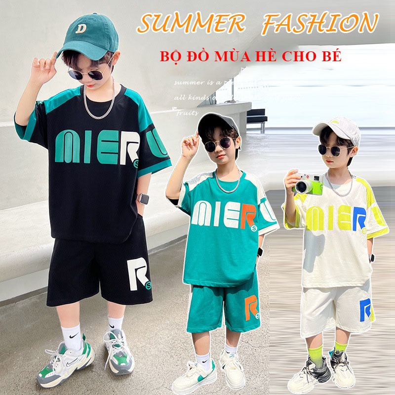 Bộ quần áo mùa hè cho bé trai 18-50kg từ 6-16 tuổi Mier. Sét đồ bộ trẻ em phong cách năng động, ngắn tay, cộc tay
