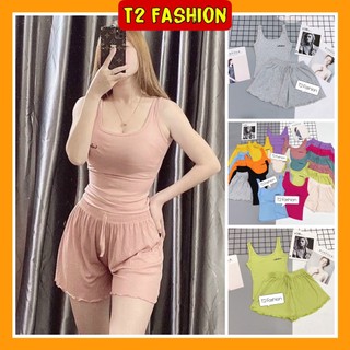 Bộ ngủ hai dây thun tăm Thêu chữ, Sét đồ ngủ sexxy co giãn chất mát lạnh T003 - T2 Fashion