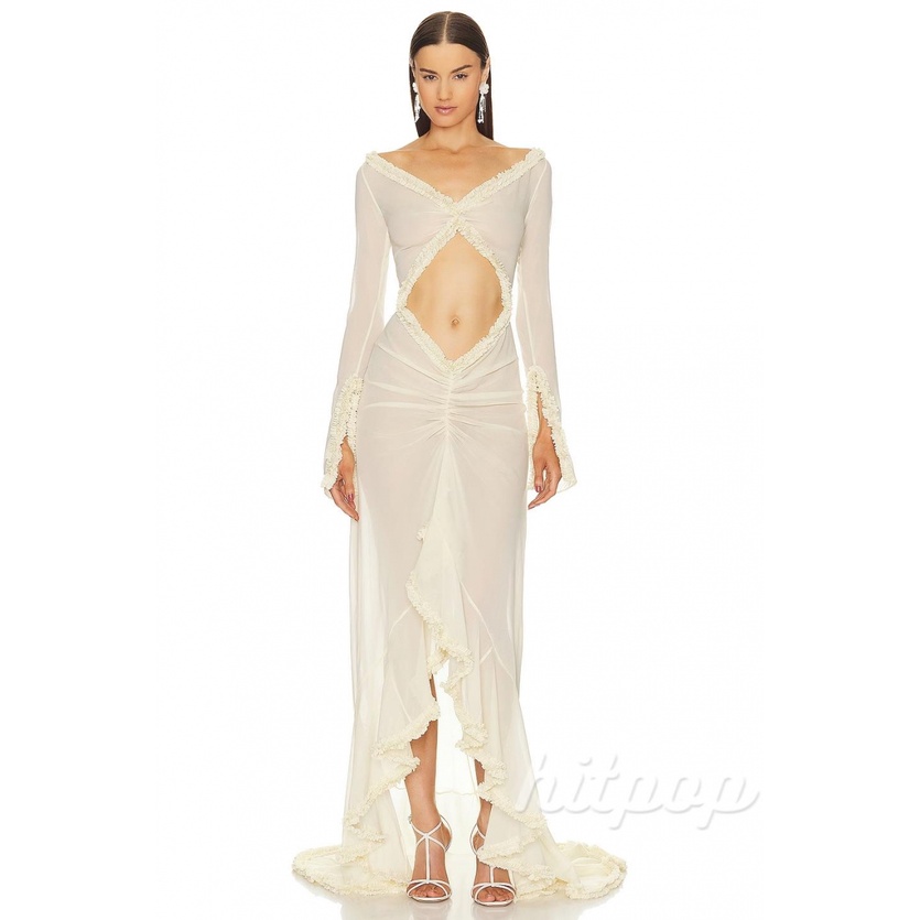 Đầm Ngủ Babydoll Tay Dài Cổ Chữ V Phối Lưới Gợi Cảm Cho Nữ