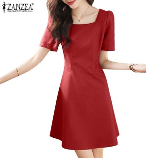 ZANZEA Đầm Cổ Vuông Tay Ngắn Màu Trơn Phối Khóa Kéo Phong Cách Hàn Quốc Thời Trang Cho Nữ
