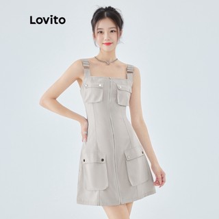 Đầm Lovito phối dây kéo zip kim loại túi màu trơn thường ngày cho nữ L49ED089 (màu kaki)
