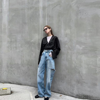 MM6 Summer Women's Fashion Cut Ripped Washed High Waist Straight Leg Jeans for Women