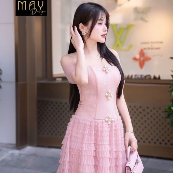 Váy Croset Nữ MAY I254  Ren Tầng Màu Hồng Tặng Tag Đá - Đầm Croset Trễ Vai Dự Tiệc Thiết Kế Chuẩn MA
