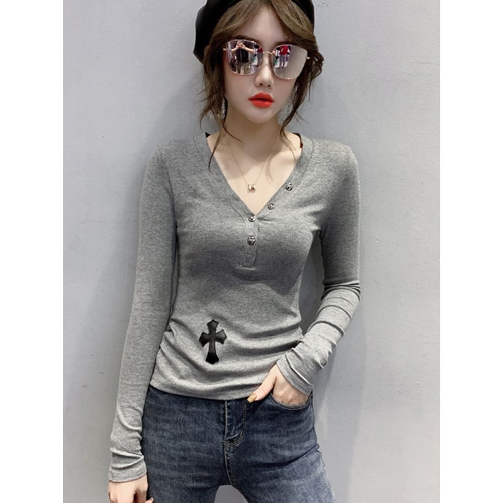 Áo Thun Tay Dài Cổ Chữ v Dáng Ôm Phong Cách Châu Âu Thời Trang Xuân Thu Cho Nữ