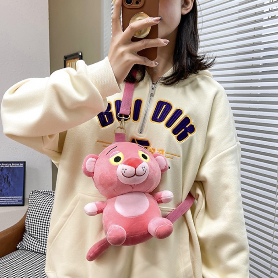 Túi Đeo Chéo Gấu Nhồi Bông Hình Con Báo Hồng Dễ Thương