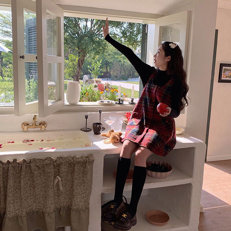 Đầm Yếm Len Sọc Ca Rô Dáng Rộng Thời Trang retro Cho Nữ