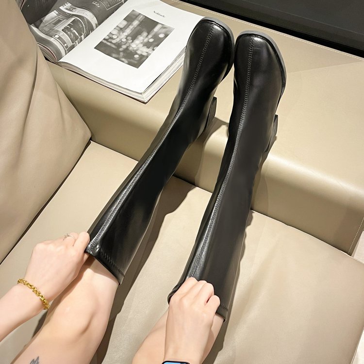 Giày Bốt Da pu Gót Vuông Dày Dặn Co Giãn Màu Trơn Phối Khóa Kéo Sau Kiểu Pháp Thời Trang Xuân Thu Cho Nữ