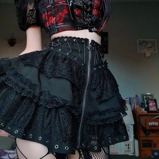 Biikpik Chân Váy Tầng Phối Ren Màu Tối Phong Cách gothic punk Quyến Rũ