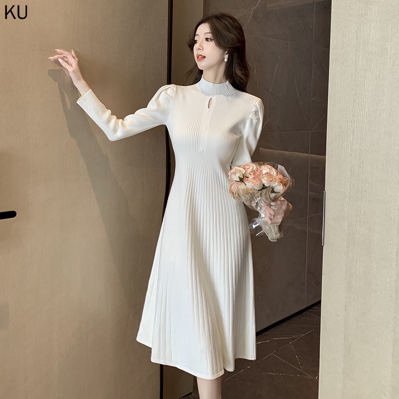 Đầm Len Tay Dài Cổ Lọ Dáng Ôm Thời Trang Thu Đông Xinh Xắn Cho Nữ