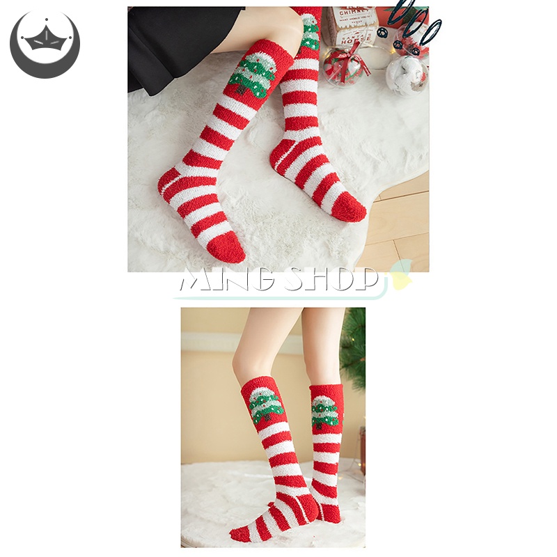 Ming Vớ Lông Cừu San Hô Ấm Áp Hình Ông Già Noel Tuần Lộc Giáng Sinh