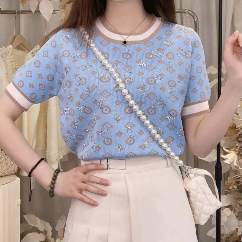 Áo Thun Dệt Kim Tay Ngắn Cổ Tròn In Chữ Đính Đá Thời Trang Xuân Hè Phong Cách vintage Cho Nữ