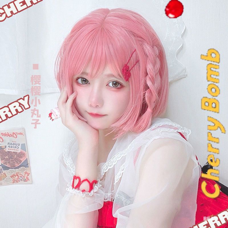 Wig cosplay Lolita Pink Short Hair Cute jk Wig Headgear
