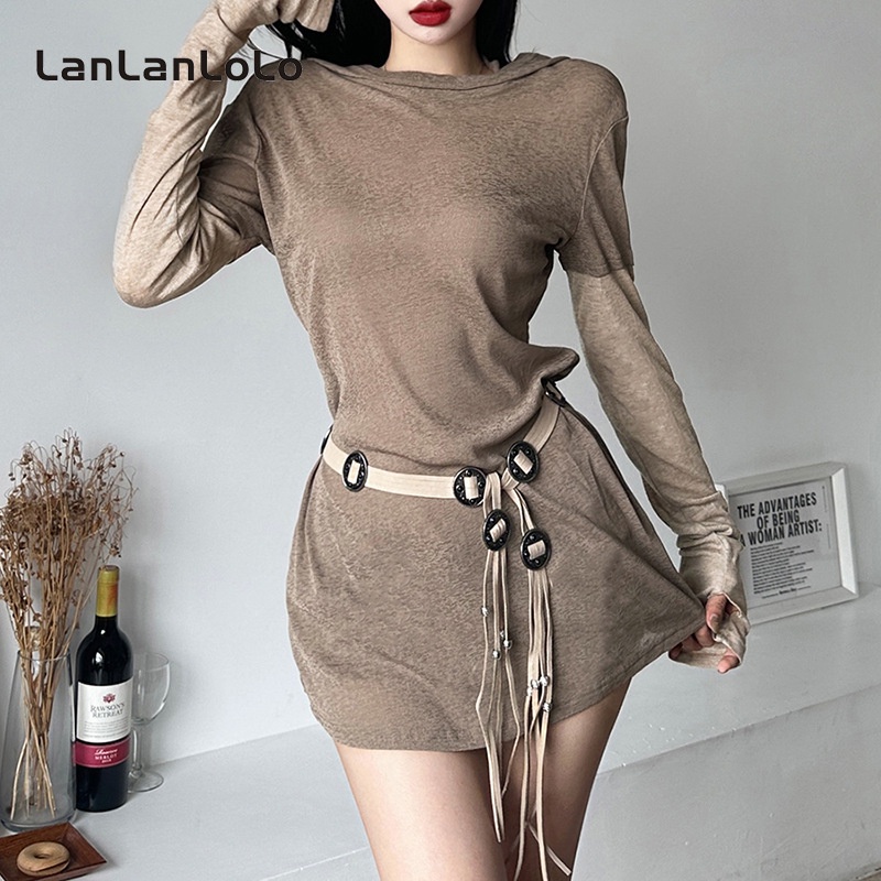 Lanlanlolo Áo Thun Tay Dài Có Mũ Trùm Phối Lưới Màu Trơn Thời Trang Đường Phố 2023 Dành Cho Bạn Nữ