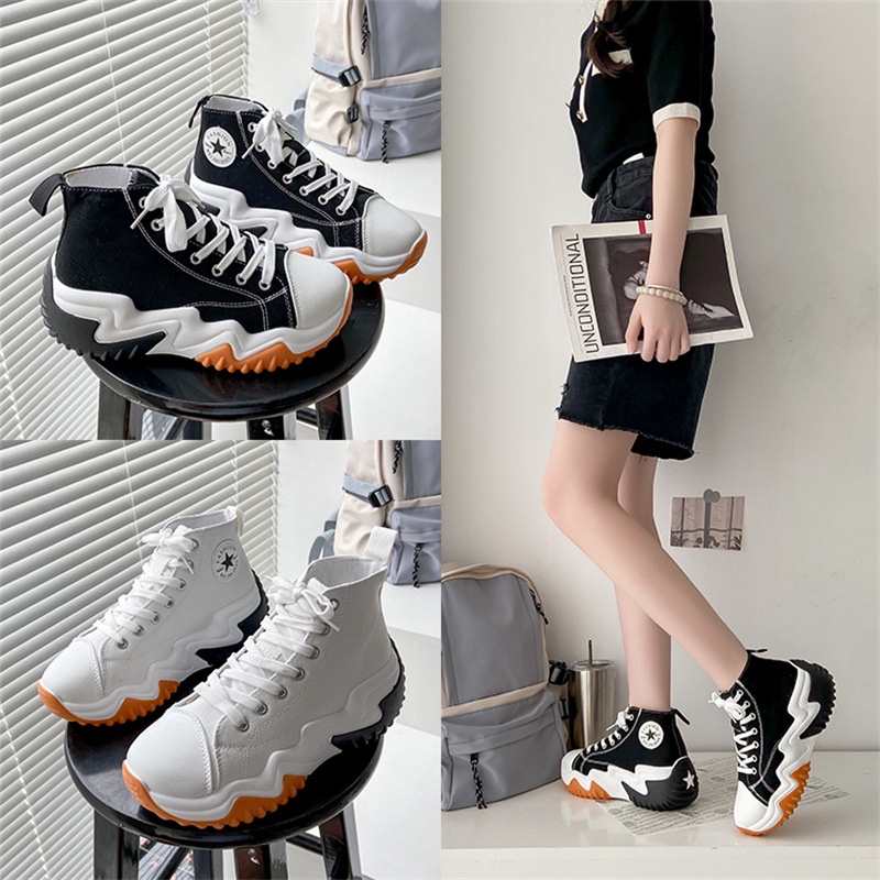 Giày Vải canvas Cổ Cao Đế Xốp Dày Màu Trắng Sóng Nhỏ Hàng Mới Dành Cho Bạn Nữ