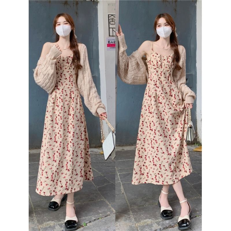 Bộ Áo Khoác cardigan Phối Chân Váy Hai Dây In Hoa Thời Trang Mùa Thu Cho Nữ