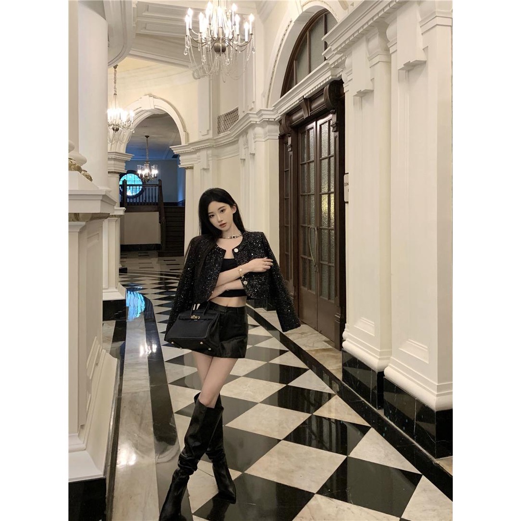 Áo Khoác Dáng Ngắn Đính Kim Sa Lấp Lánh Sang Trọng Cho Nữ