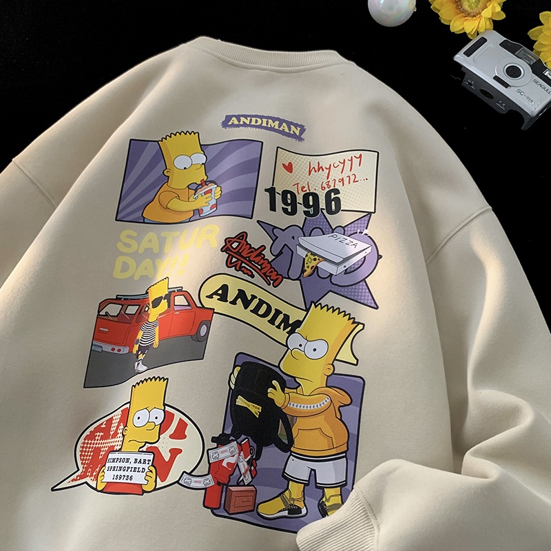 Áo sweater Nhung Dày Cổ Tròn In Hình simpson Hoạt Hình Phong Cách hip hop Mỹ Cho Nam Nữ