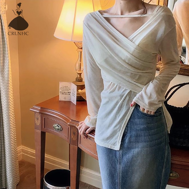 Áo Thun Tay Dài Cổ Chữ v Màu Trơn Thời Trang vintage Dành Cho Nữ vn