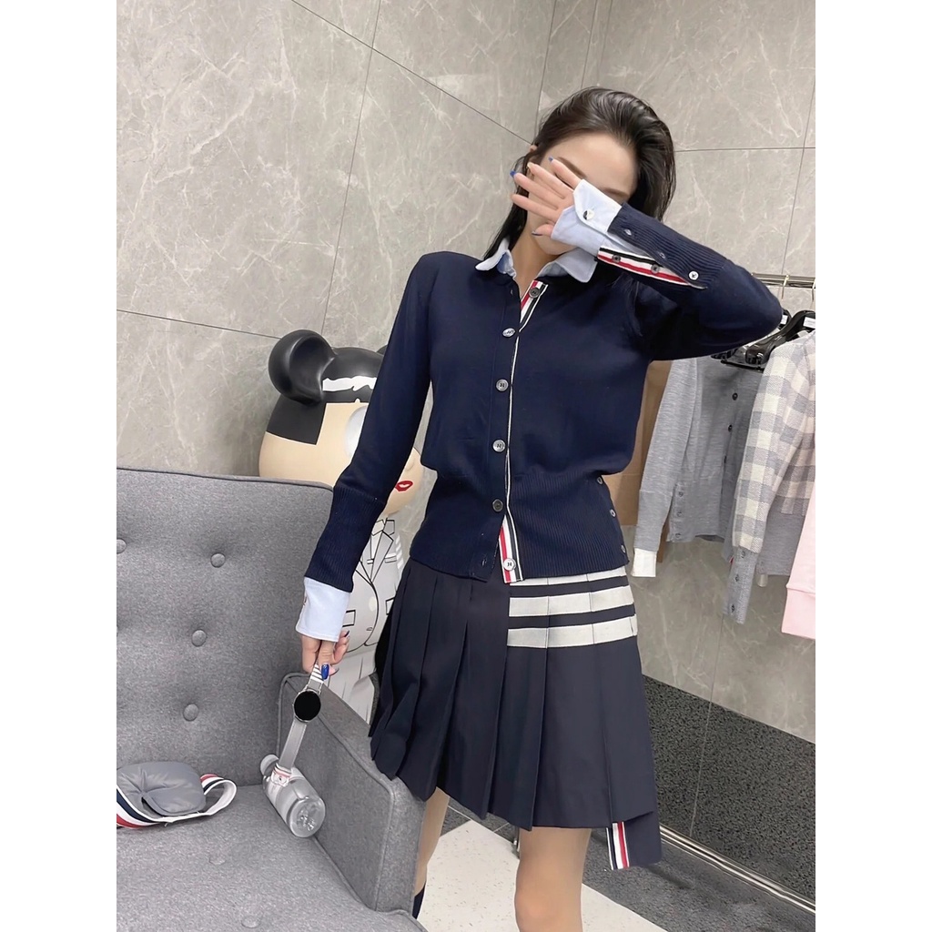 MVDM Thom Browne college style two-piece spring clothes 2023 new fashionable lapel shirt fake two-piece aging slim knit cardigan