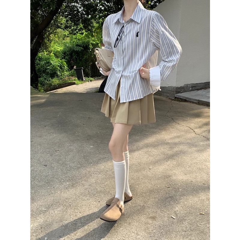 SUXI Áo Sơ Mi Tay Dài Kẻ Sọc Phong Cách vintage Dành Cho Nữ