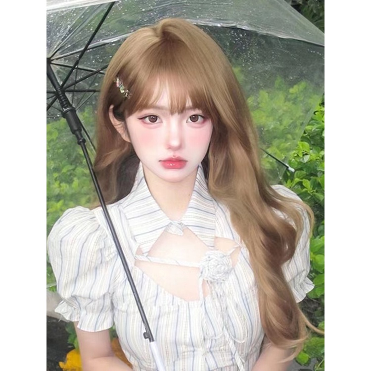 Bộ Tóc Giả Dài Xoăn Màu Hồng Nhạt Kèm Mái Bằng Sợi Tổng Hợp Phong Cách lolita Dành Cho Nam Nữ