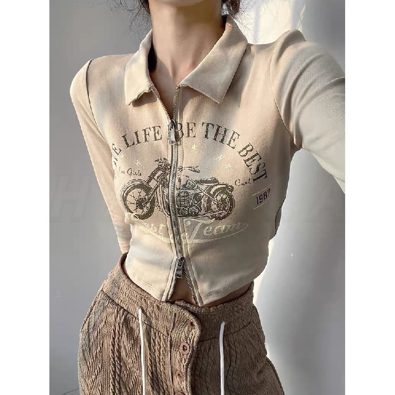 Áo baby tee y2k croptop tay dài áo thu đông Áo phông áo thun nữ croptop dài tay Áo Thun Ngắn Tay Dài Có Khóa Kéo Hai Lớp In Họa Tiết Xe Máy Phong Cách Mỹ