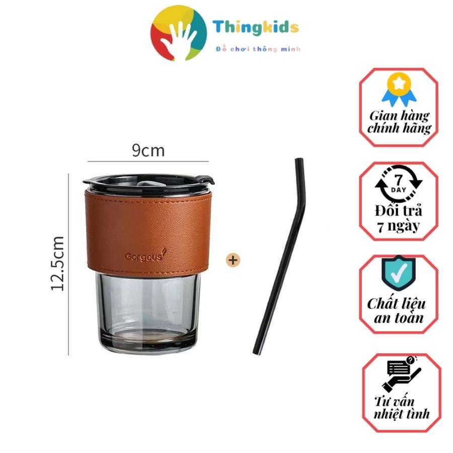 Ly, cốc thủy tinh đựng nước có nắp đậy kín kèm ống hút và đai da - Thingkids