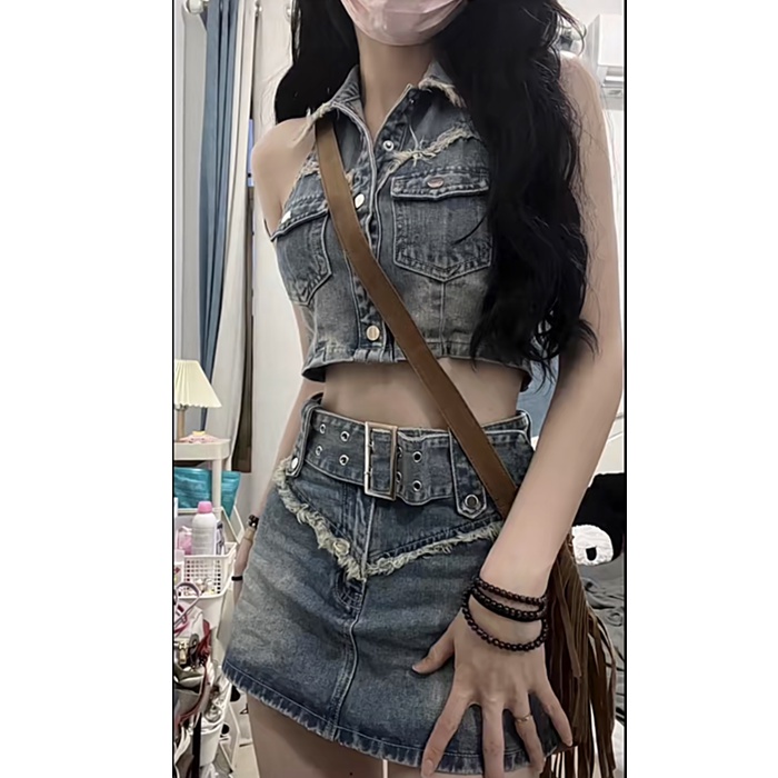 Set Áo Váy Yếm denim Phong Cách Đường Phố Cho Nữ + Áo Thun fa5z