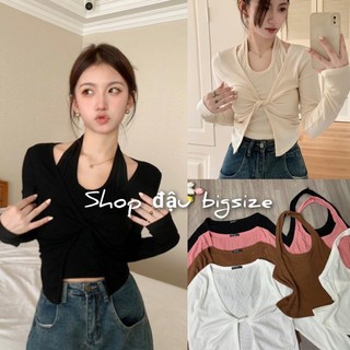 Set áo croptop kiểu nữ bigsize áo thun tay dài xoắn ngực kèm áo cổ yếm lên phom dễ thương g218