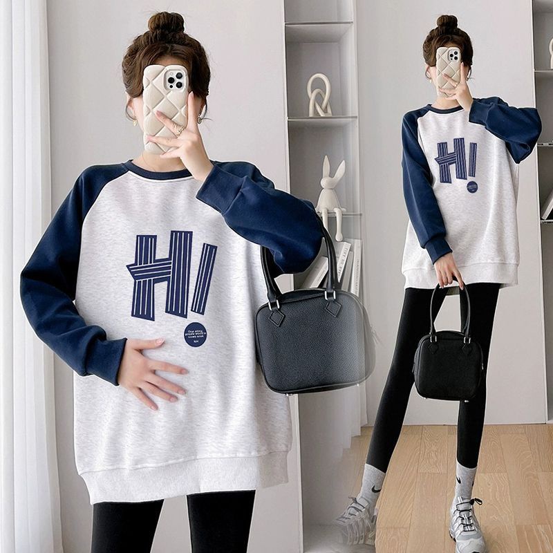 Áo sweater Dáng Rộng Cổ Tròn In Chữ Màu Sắc Tương Phản Phong Cách Hàn Quốc Thời Trang Mùa Thu Cho Mẹ Bầu