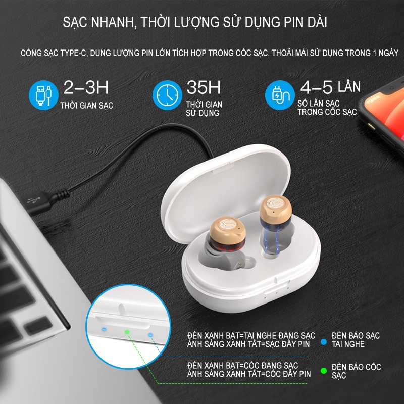 Máy Trợ Thính Không Dây Siêu Nhỏ Goodmi Gm-305 , Tai Nghe Trợ Thính Cảm Ứng