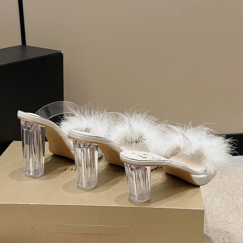 Dép Cao Gót Quai Ngang Trong Suốt Đính Lông Vũ Thời Trang Cho Nữ 02732