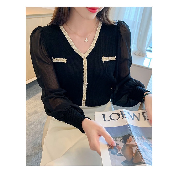 Áo Sơ Mi chiffon Dệt Kim Tay Dài Cổ Chữ v Thời Trang Mùa Thu Dành Cho Nữ