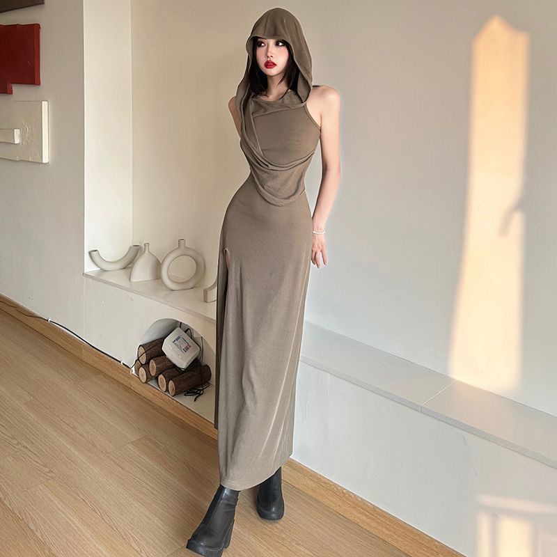 Klalien Đầm Dài Xẻ Tà Siêu Cao Có Mũ Trùm Phong Cách retro Cho Nữ hot