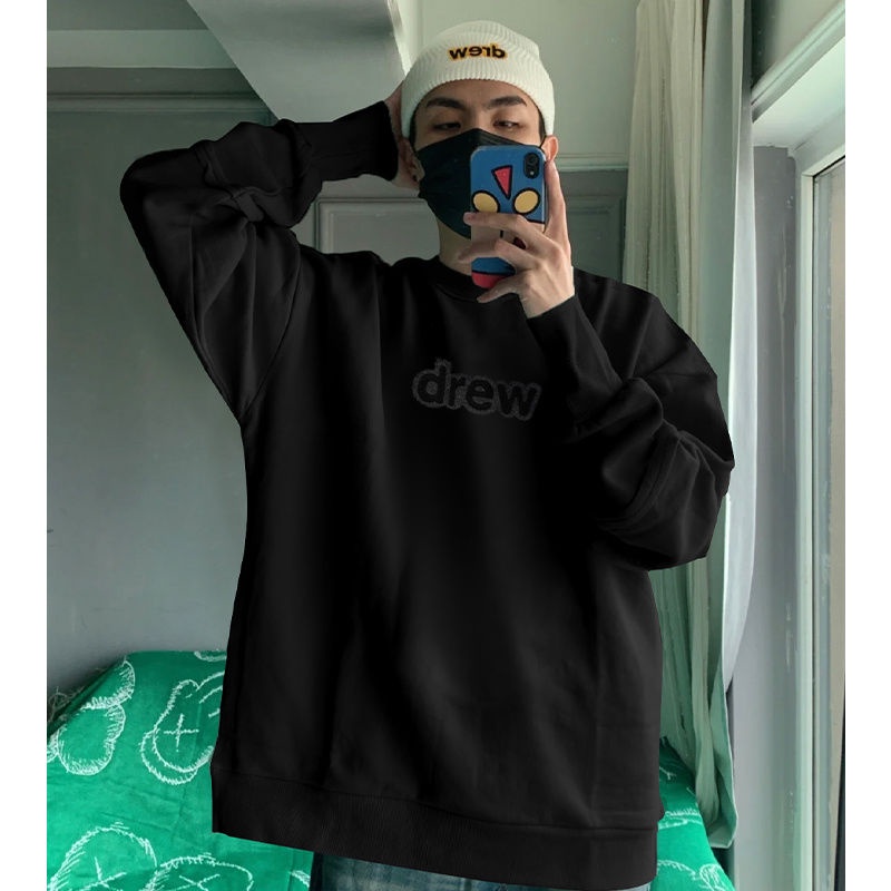 3JHW drew round neck sweater men's black embroidered letters loose American fashion brand spring and autumn niche design sense stitching top