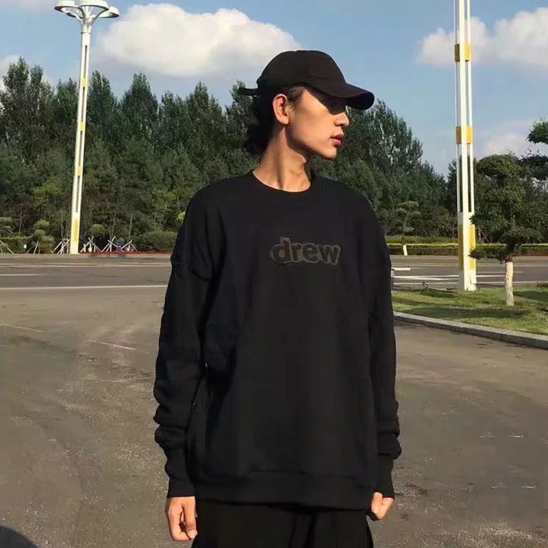3JHW drew round neck sweater men's black embroidered letters loose American fashion brand spring and autumn niche design sense stitching top