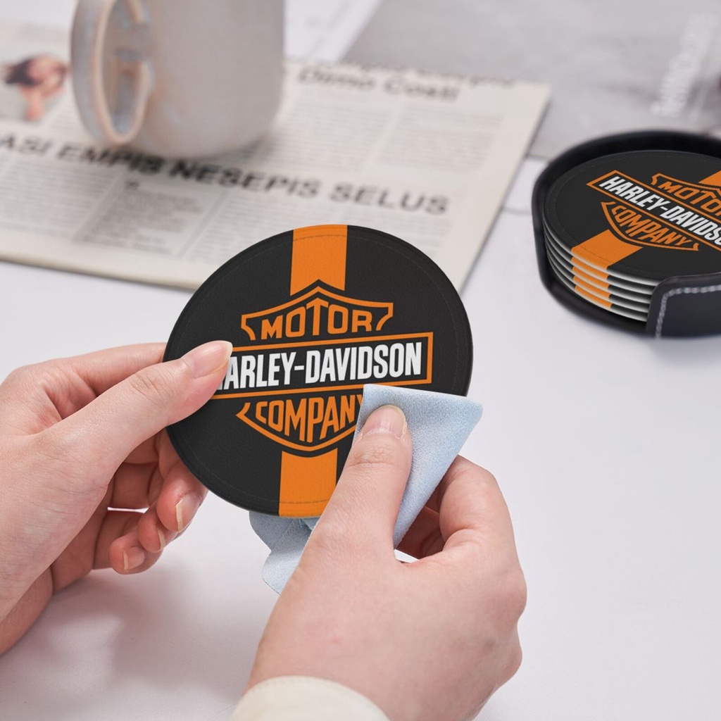 Harley davidsons Bộ 6 Đế Lót Ly Tròn Bằng Da Chống Bẩn Chống Bỏng Thích Hợp Cho Nhà Hàng / Văn Phòng / Nhà Bếp