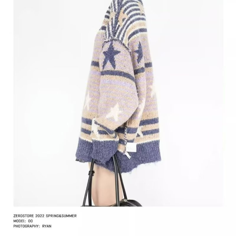 Áo sweater Chui Đầu Dáng Rộng Kẻ Sọc Ngang Phối Hình Ngôi Sao Kiểu retro Mỹ Thời Trang Thu Đông Cho Nam Và Nữ