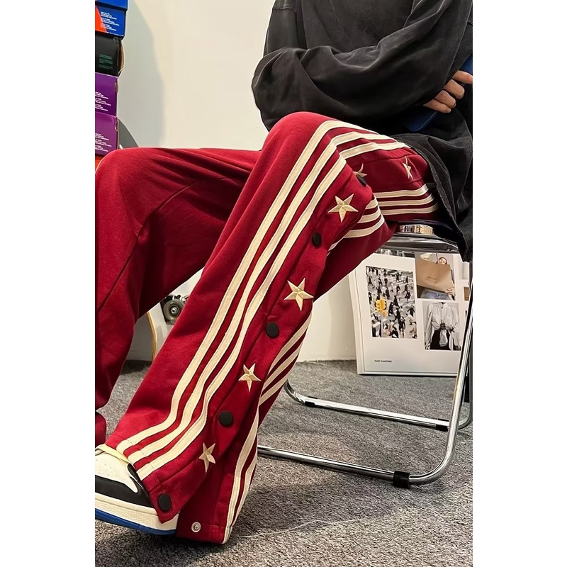 Quần Thể Thao Ống Rộng Kẻ Sọc Thêu Hình Ngôi Sao Phong Cách Đường Phố Mỹ Cho Nam Đen