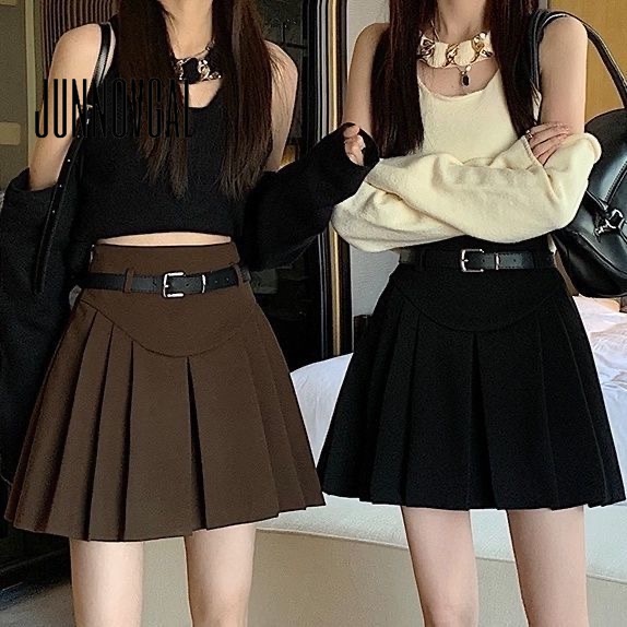 Junnovgal Chân Váy mini Xếp Ly Màu Trơn Phong Cách Đường Phố Mùa Thu 2023 Kích Thước Lớn Cho Nữ