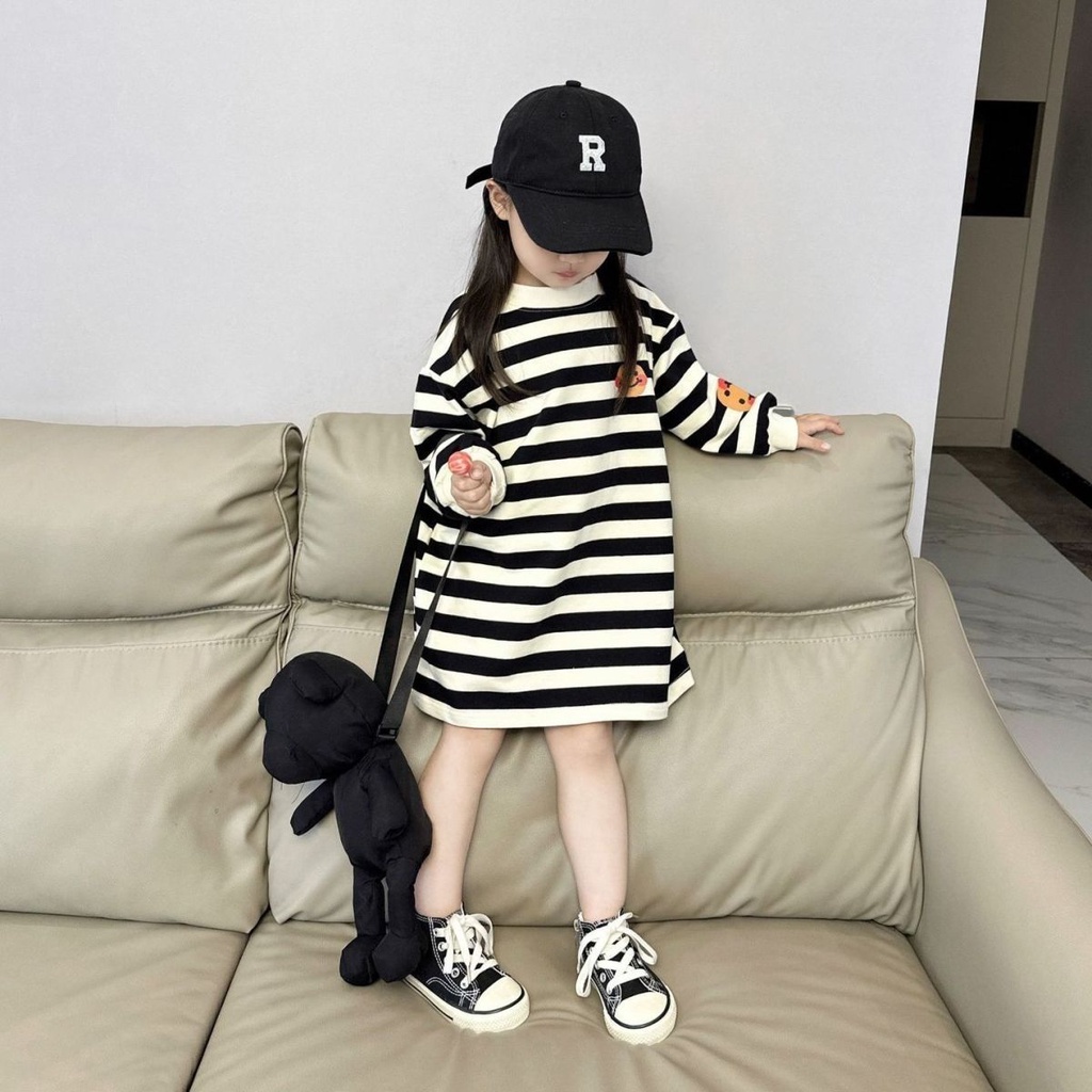 Đầm Thun Dài Vừa Vặn Tay Dài Họa Tiết Mặt Cười Kẻ Sọc Thời Trang Mùa Thu 2023 Phong Cách Mới Cho Bé Gái