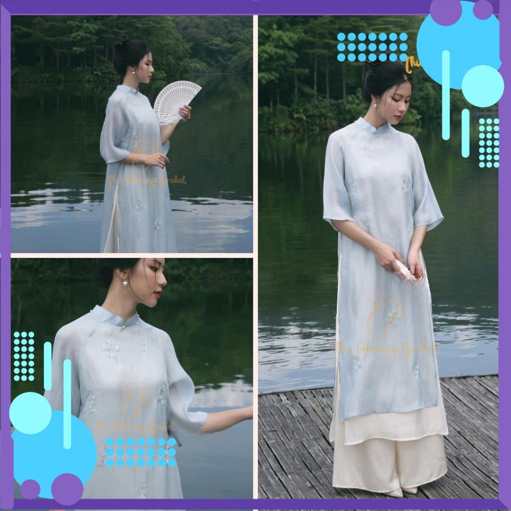 Áo Dài Cách Tân nữ truyền thống  Yên Chi thêu hoa lụa 4 tà may sẵn cao cấp giá xưởng