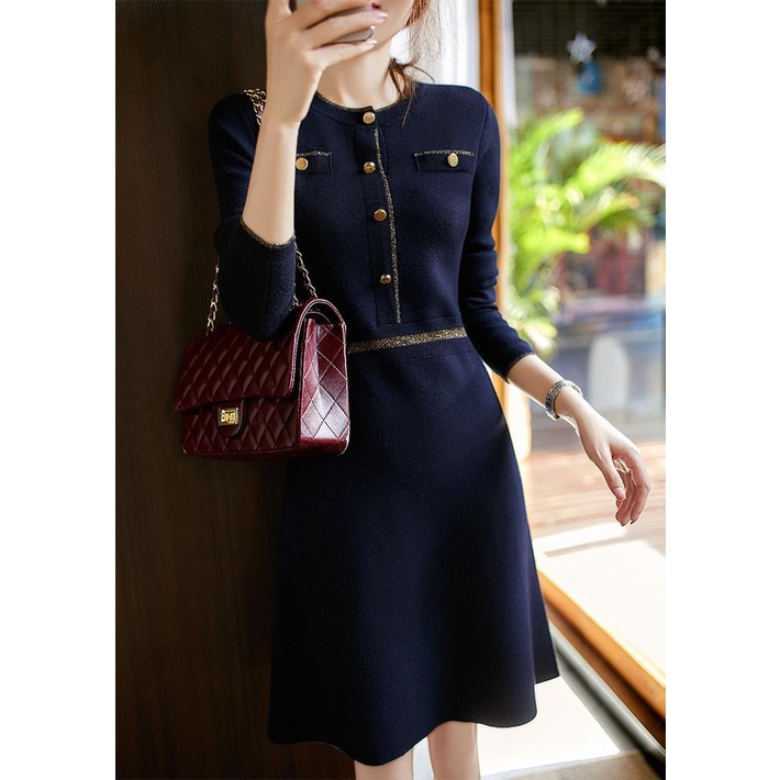 Đầm sweater Dệt Kim Dáng Chữ a Màu Đen Thời Trang Xuân Thu Cho Nữ