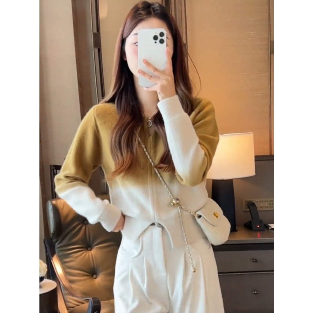 Mềm Áo sweater Dệt Kim Cổ v Màu gradient Phong Cách Phương Tây Thời Trang Thu Đông Cho Nữ