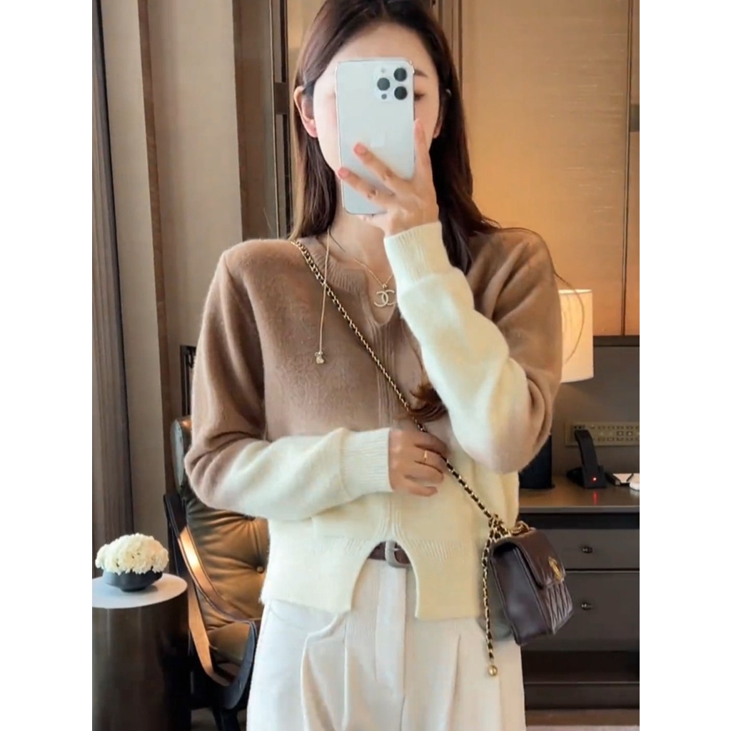 Mềm Áo sweater Dệt Kim Cổ v Màu gradient Phong Cách Phương Tây Thời Trang Thu Đông Cho Nữ