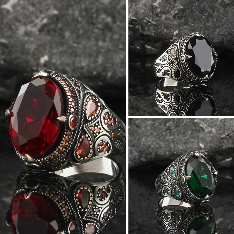 Nhẫn Thép Titan Đính Đá zircon Hình oval Màu Xanh Lá / Đỏ / Đen Phong Cách vintage Thời Trang Cho Nam