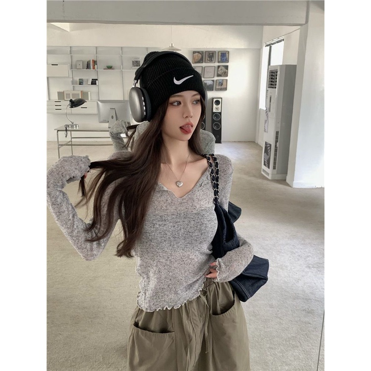 Áo Thun Tay Dài Cổ Chữ V Phối Ren Phong Cách Hàn Quốc Quyến Rũ Cho Nữ