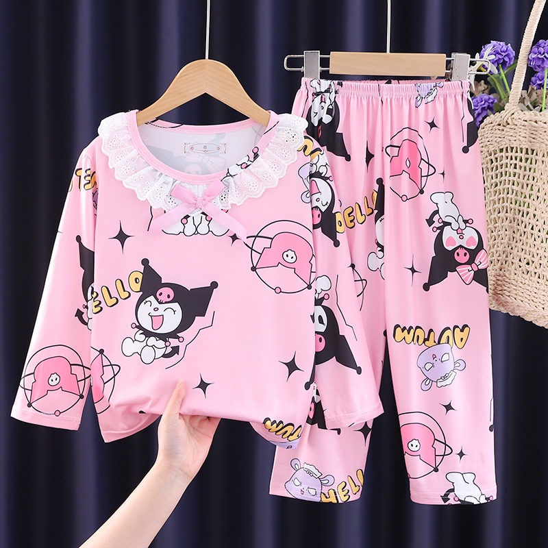Bộ Đồ Ngủ Kuromi Hello Kitty Tay Dài In Hình Xinh Xắn Pijama Cho Bé Gái