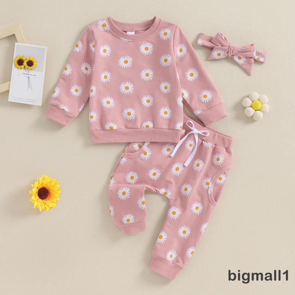 Topmall set Áo Thun Tay Dài & Quần Dài In Hoa Cúc & Băng Đô Quấn Đầu Cho Bé Gái Từ 6 Tháng - 3 Tuổi