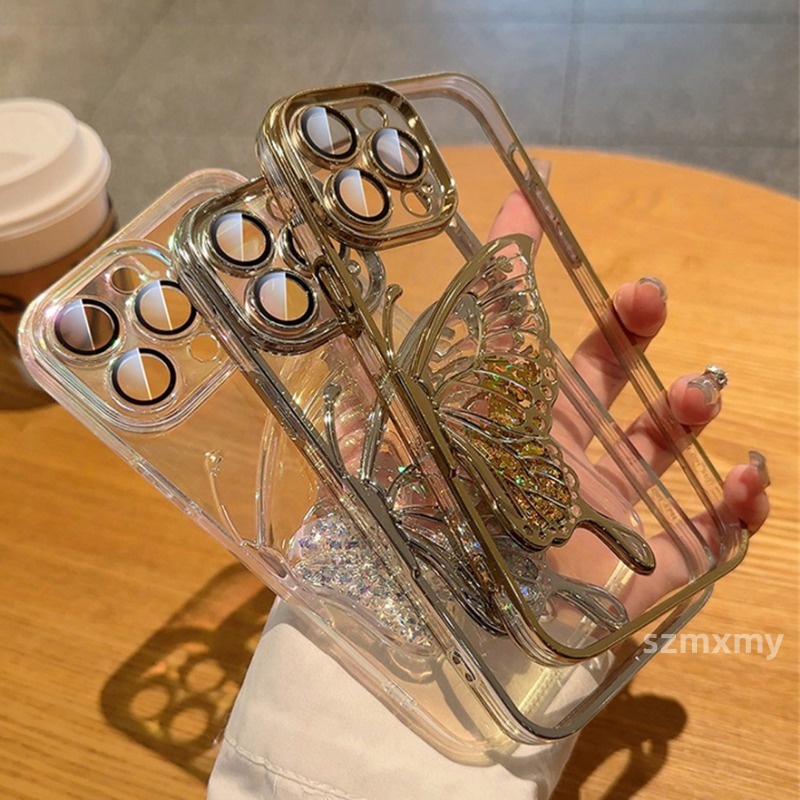 Ốp Điện Thoại Mềm Trong Suốt Hình Bướm 3d Kim Tuyến Nước Cho iphone 15 14 13 12 11 pro max